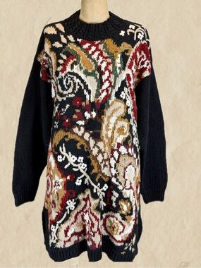 VINTAGE 90s swirl paisley floral art chunky knit sweater earthy long tunic Tiara